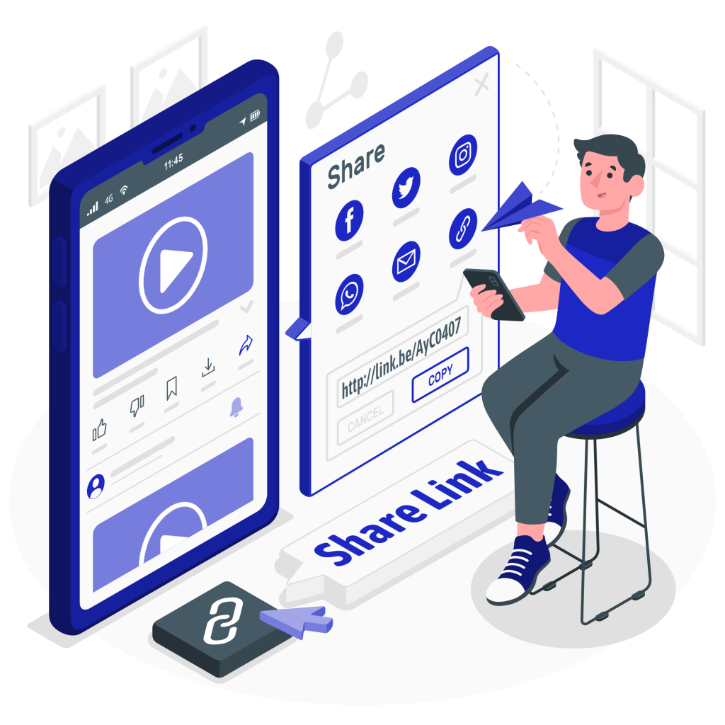 Person sharing a video link via social media platforms on smartphone and tablet illustration